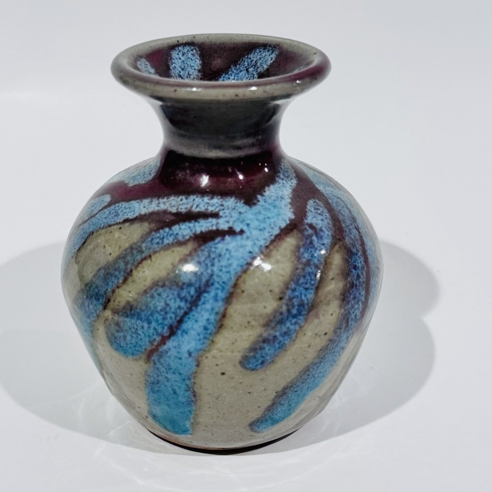 Drip Glaze Art Pottery Brown & Blue Small Flower Bud Vase‎ Signed